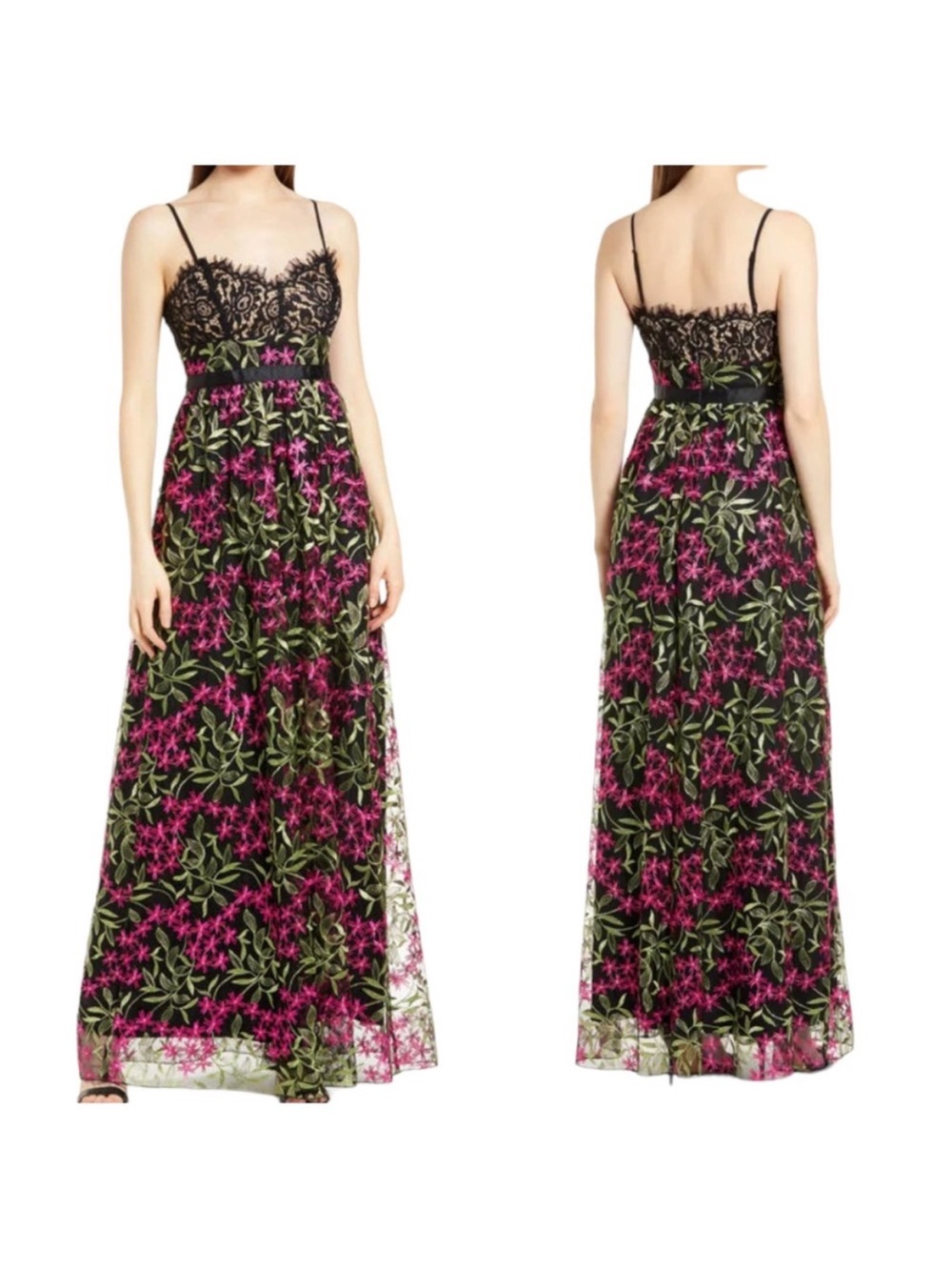 Lulu's Black Maxi Dress with Pink & Green Floral Embroidery